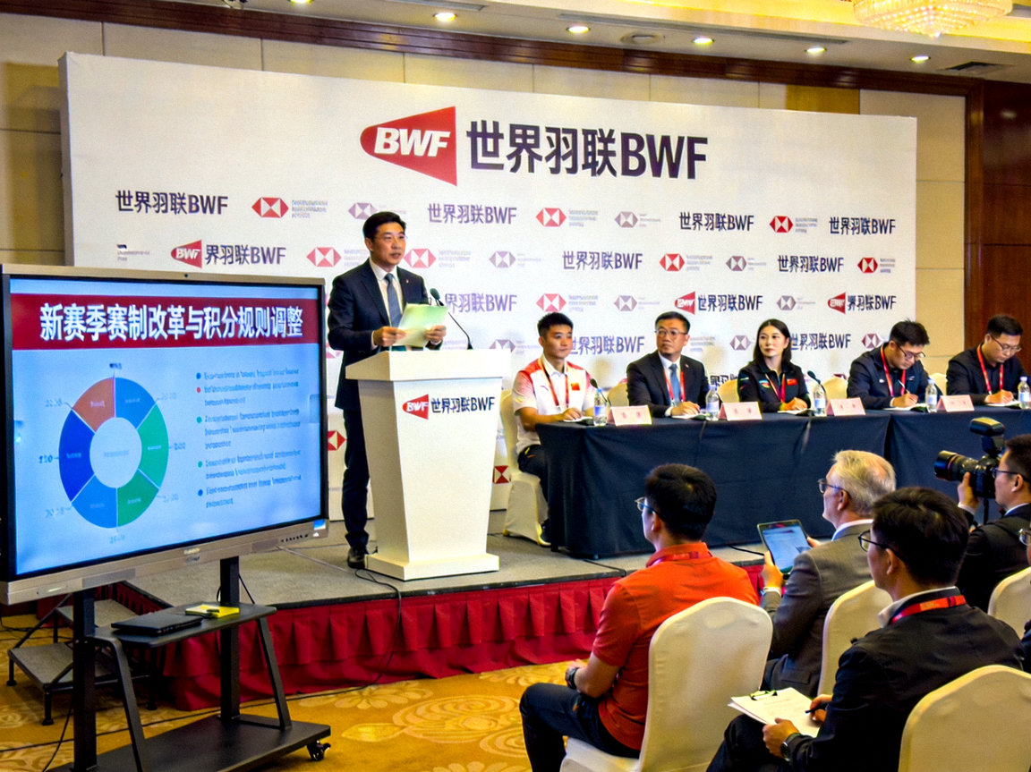 世界羽联BWF在新闻发布会上宣布新赛季赛制改革和积分规则调整的官方活动现场