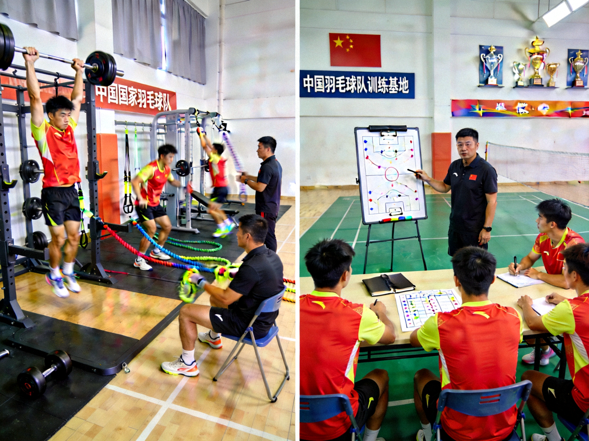 中国国家羽毛球队在训练基地进行高强度体能训练和战术分析会议的场景